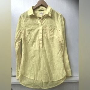 Merona yellow and white striped womens half button down
